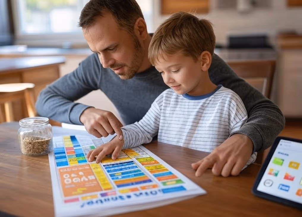 father and son pointing at a colorful budget chart on the table