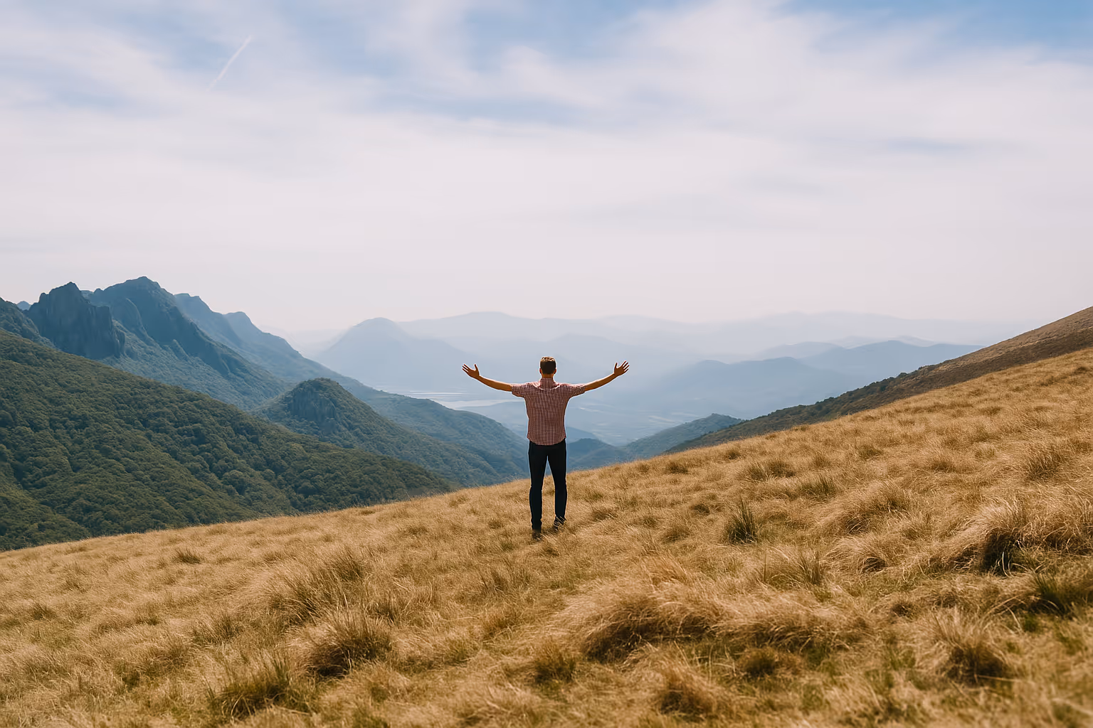 person standing on a hilltop with arms raised facing a mountain valley