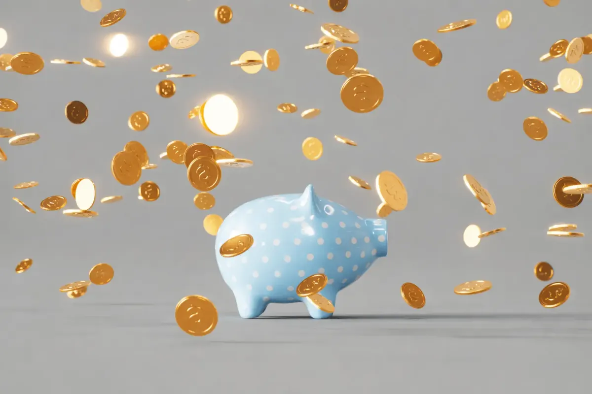 Blue piggy bank surrounded by coins