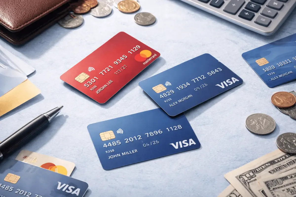 Scattered Visa and Mastercard cards, coins, and cash on a table