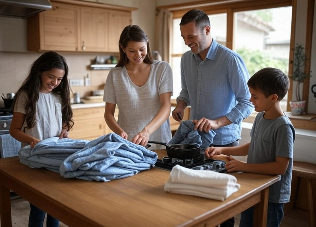 Family teaching their kids how to do chores
