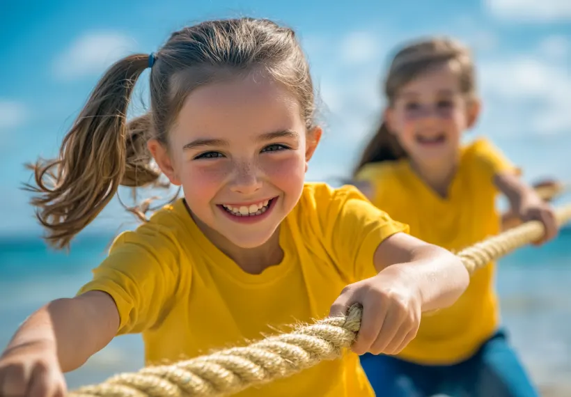 hildren in yellow T-shirts playing a game of tug-of-war on the beach