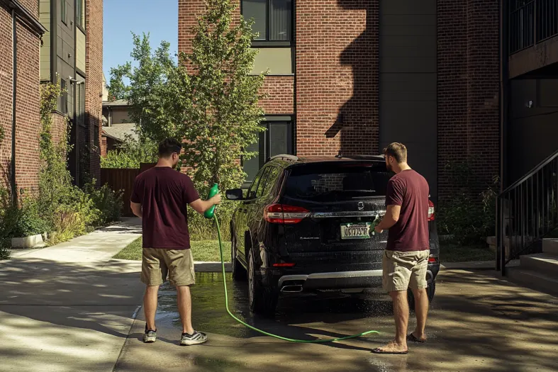 Two men washing the car outdoors