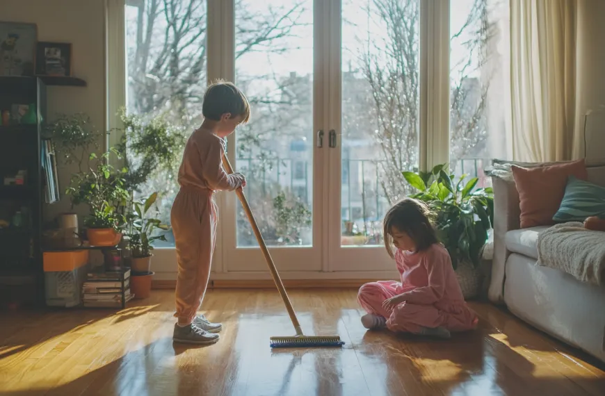 Two children in the living room learning how to do chores