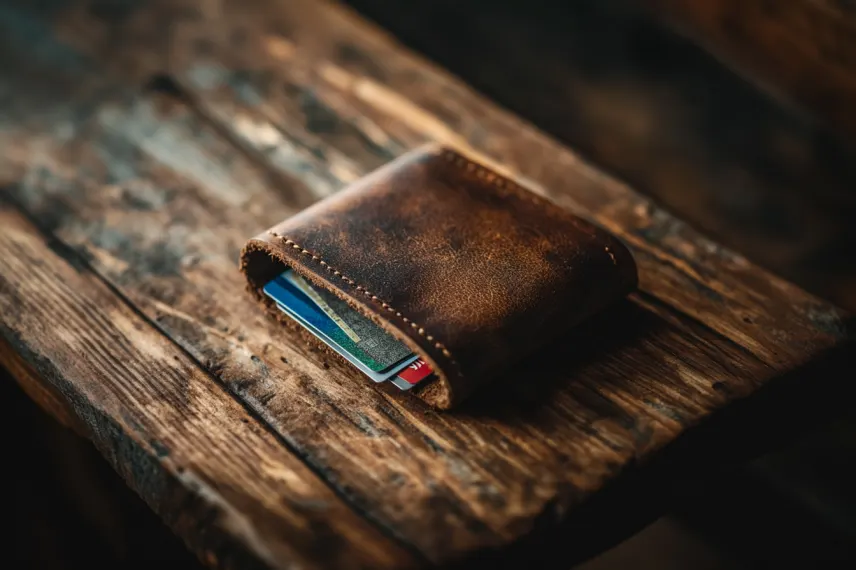 Leather wallet with debit and credit cards inside