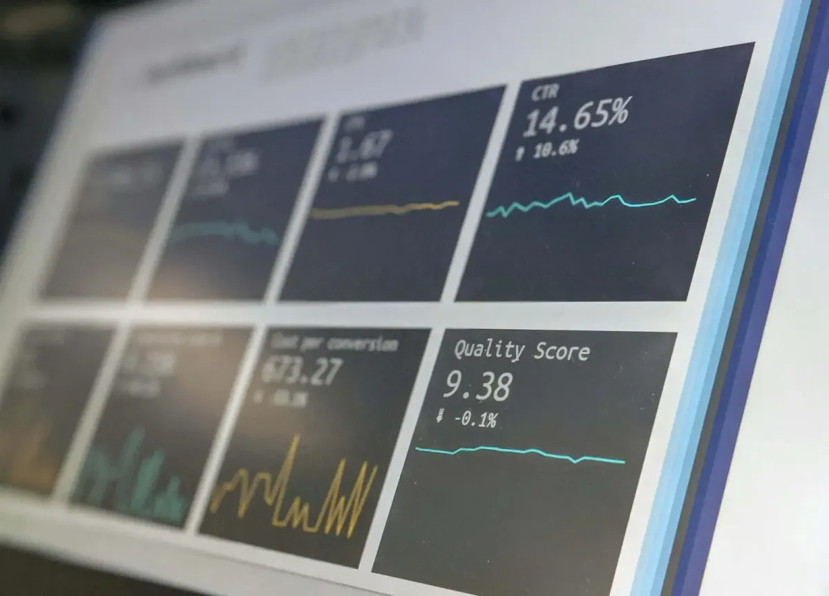 Tilted analytics dashboard showing CTR and Quality Score metrics