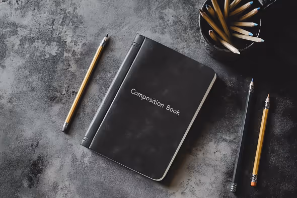 Black Composition Book notebook surrounded by pencils on a dark surface