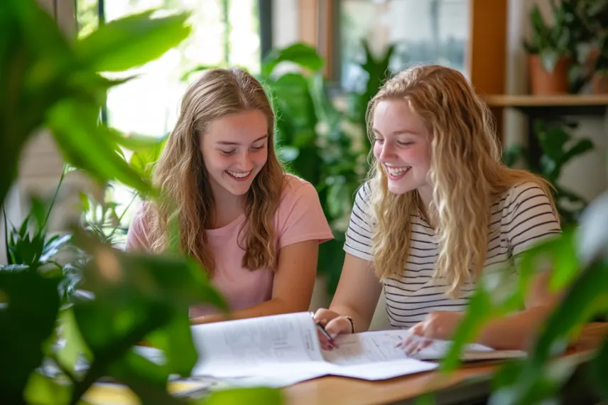 Two teenage girls learning 