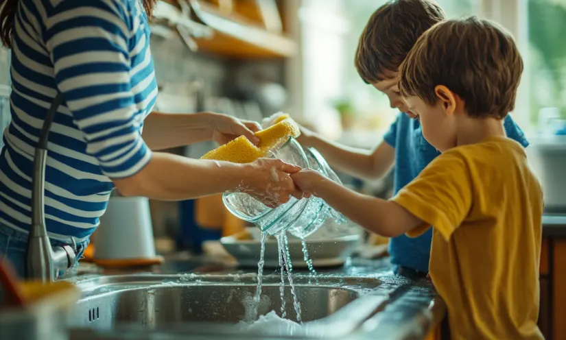 Family washing the dishes together
