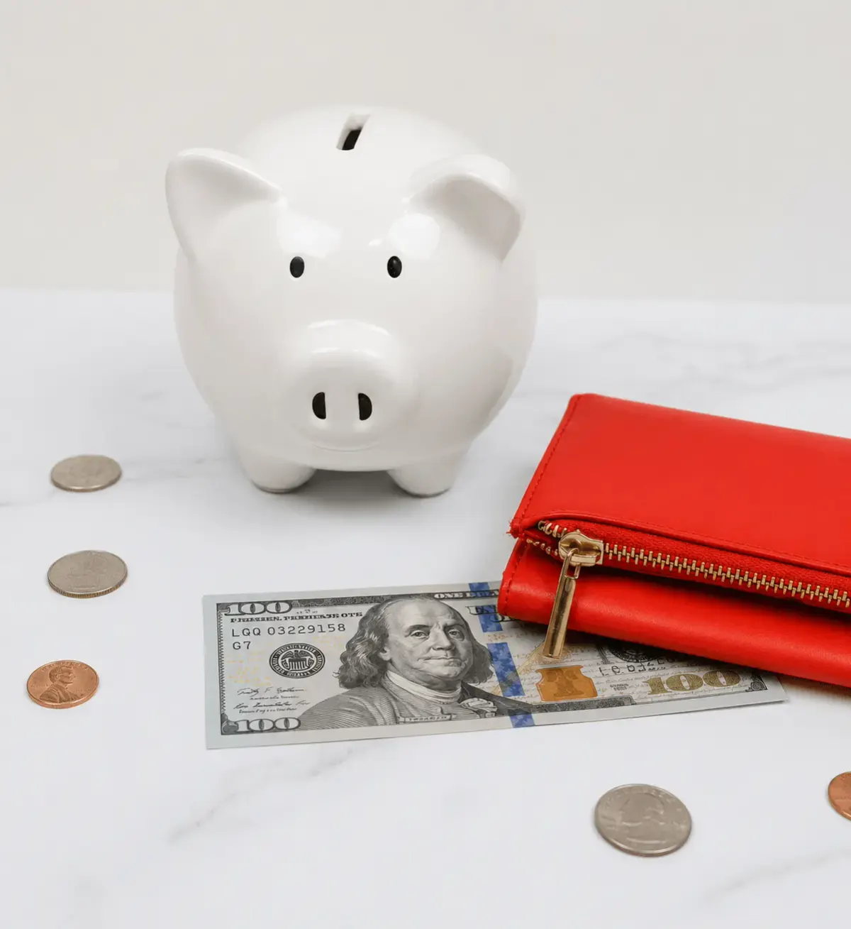 Piggy bank next to red wallet