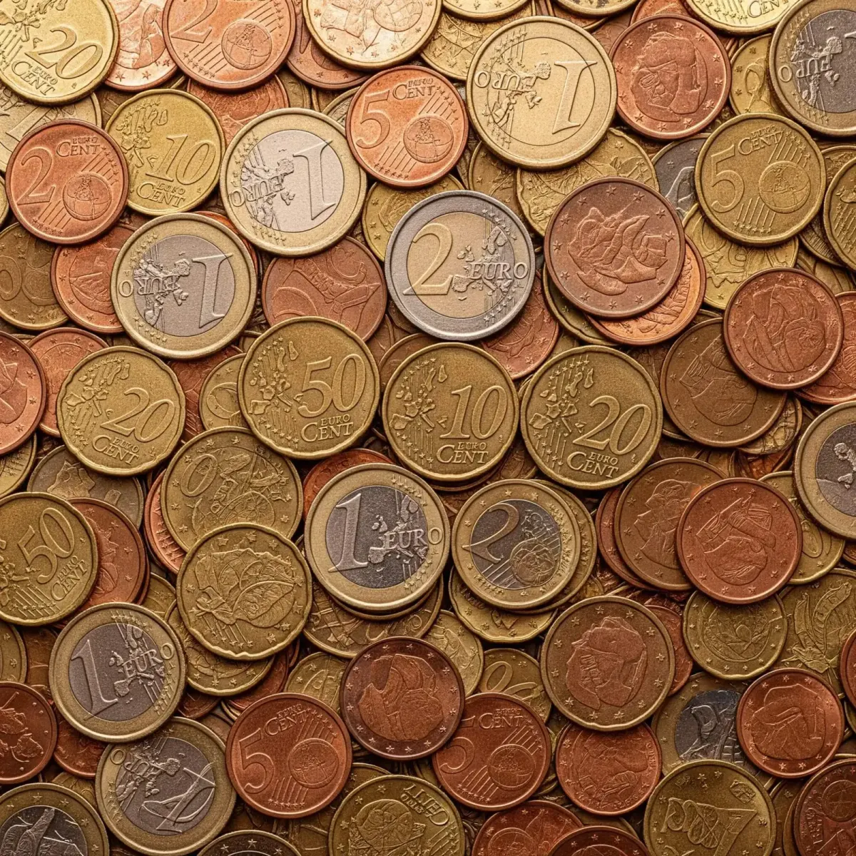 Close-up flat lay of assorted euro coins and cents