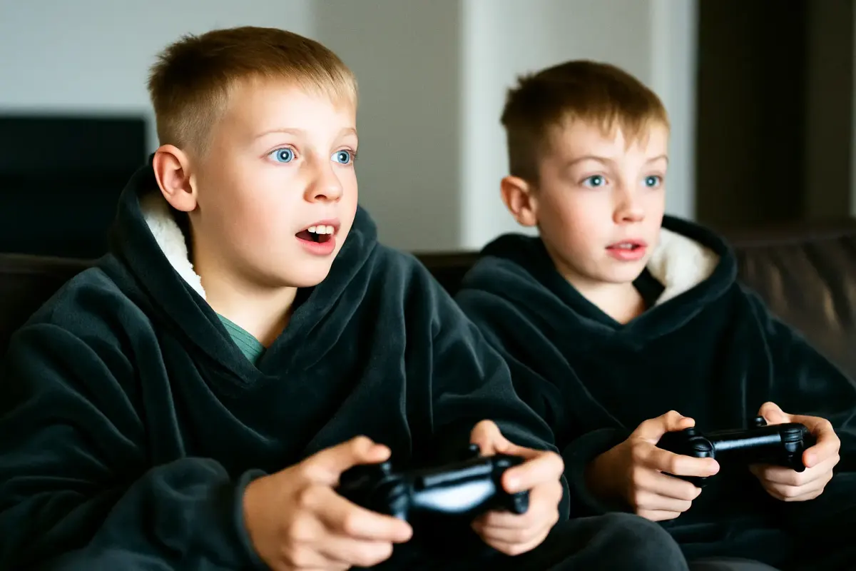 Two kids playing playstation