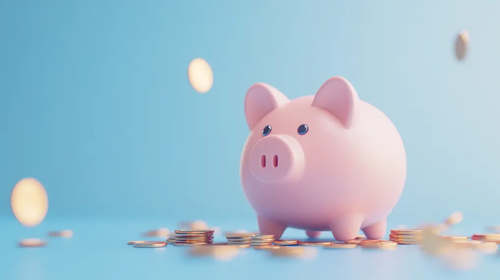 Pink piggy bank with coins