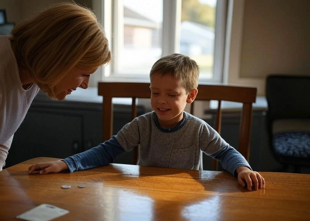 Kid receiving his first allowance next to his mum