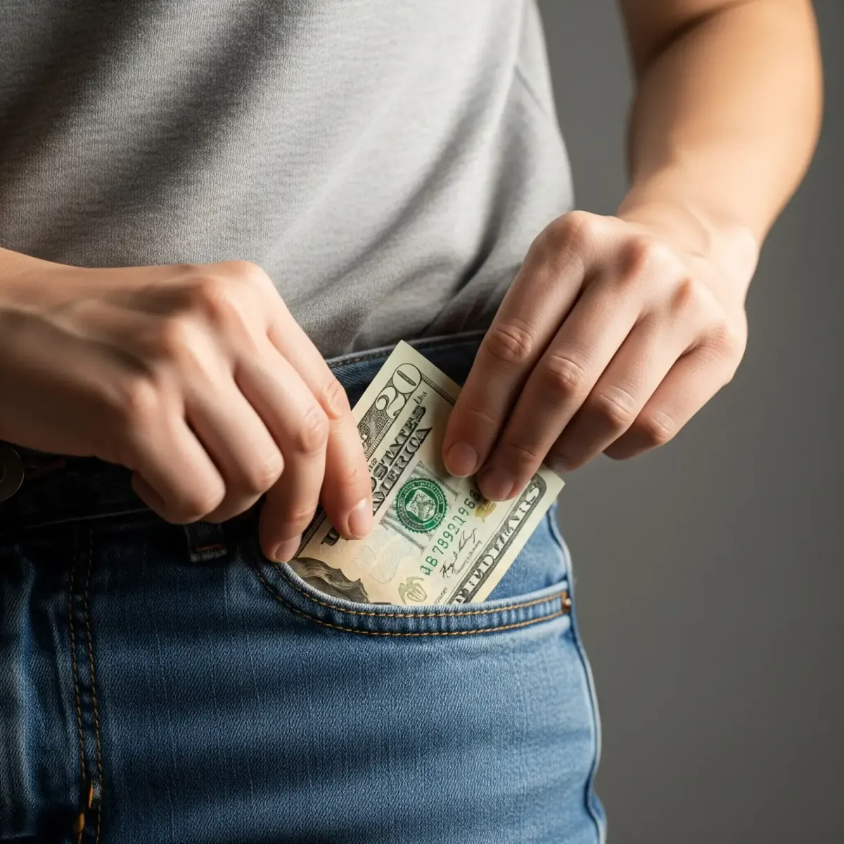 hands tucking a twenty-dollar bill into the pocket of blue jeans