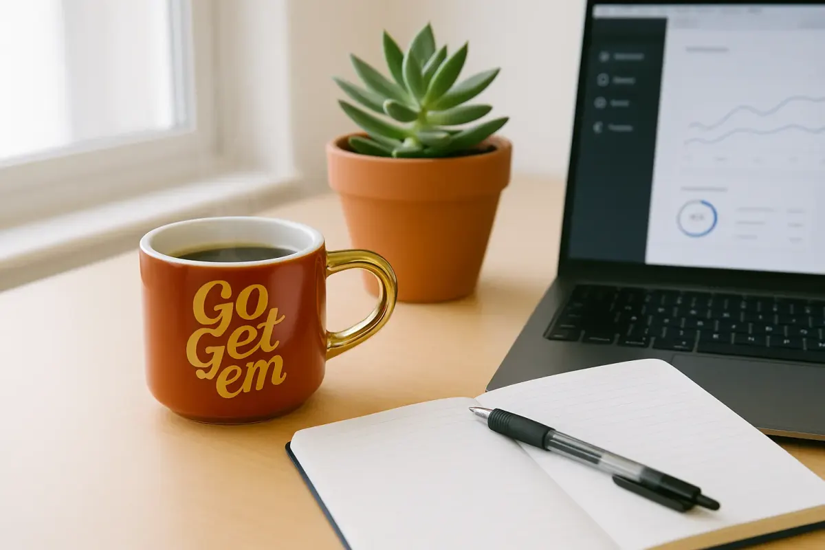 Cup of coffee next to a book and a pen
