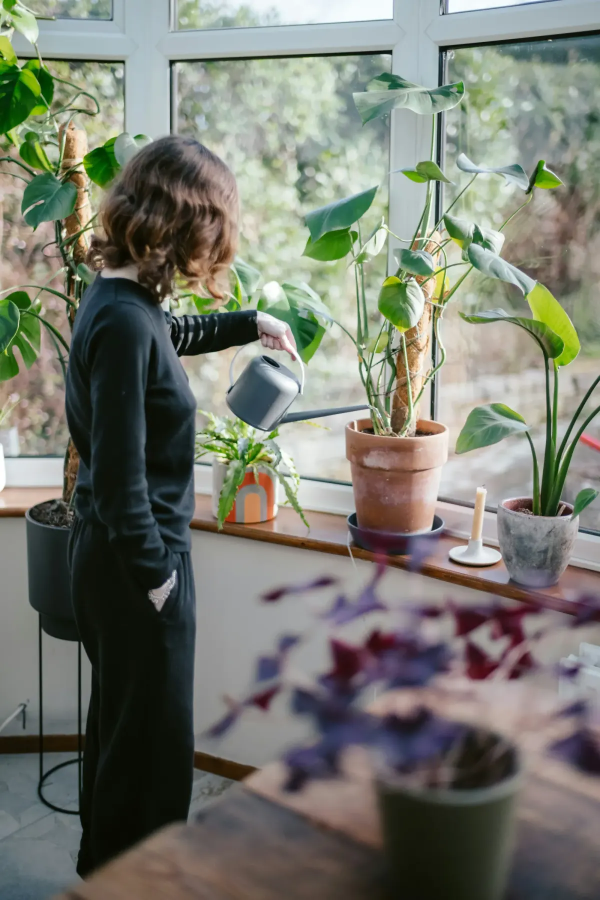 Girl watering her plants by the window