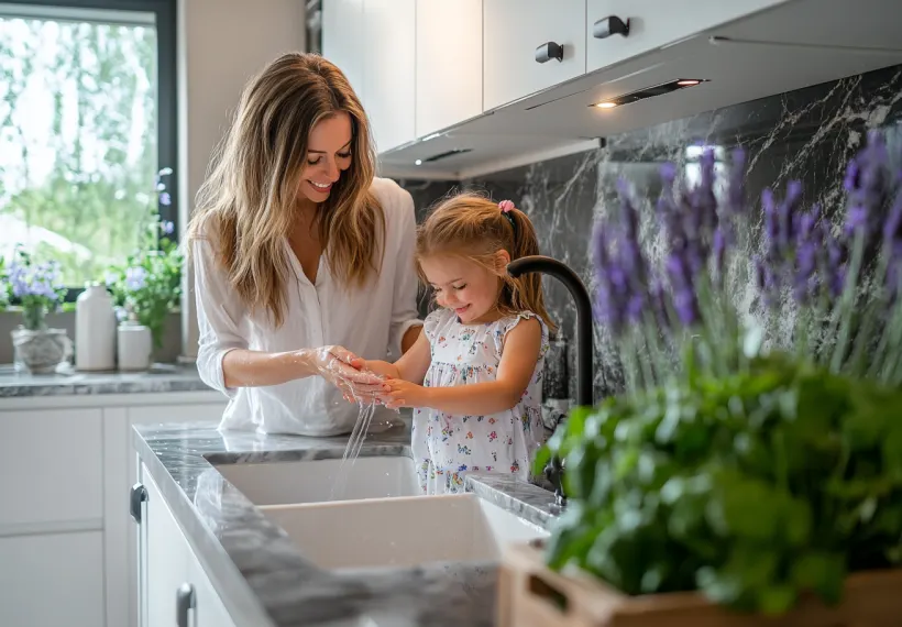 mother and daughter washing hands