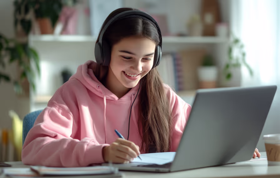 smiling teen girl wearing headphones taking notes in front of a laptop