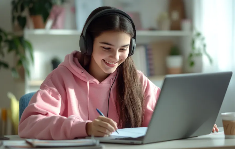 Girl studying with a computer