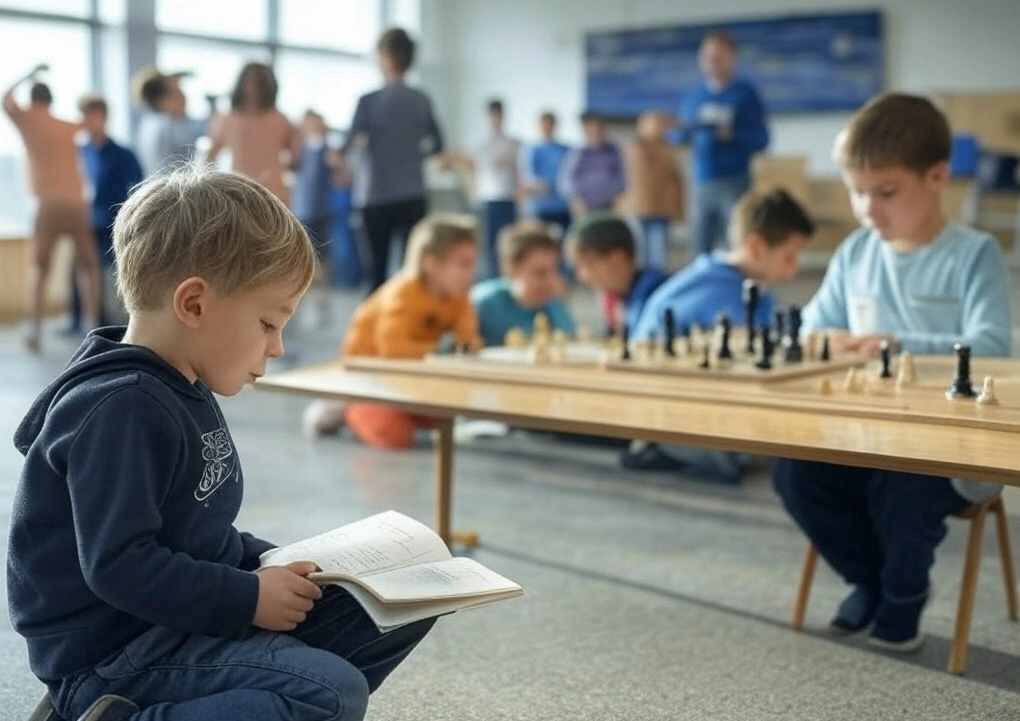 Kid reading a book at school