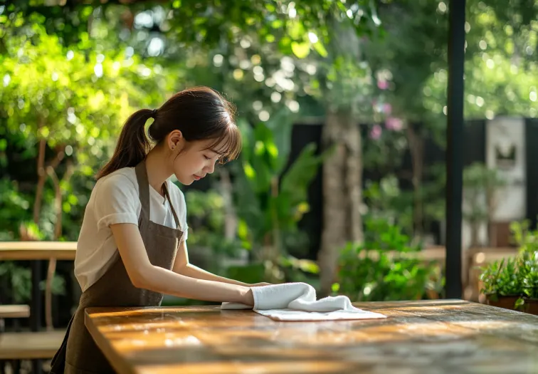 A young women cleaning a wooden table outdoors