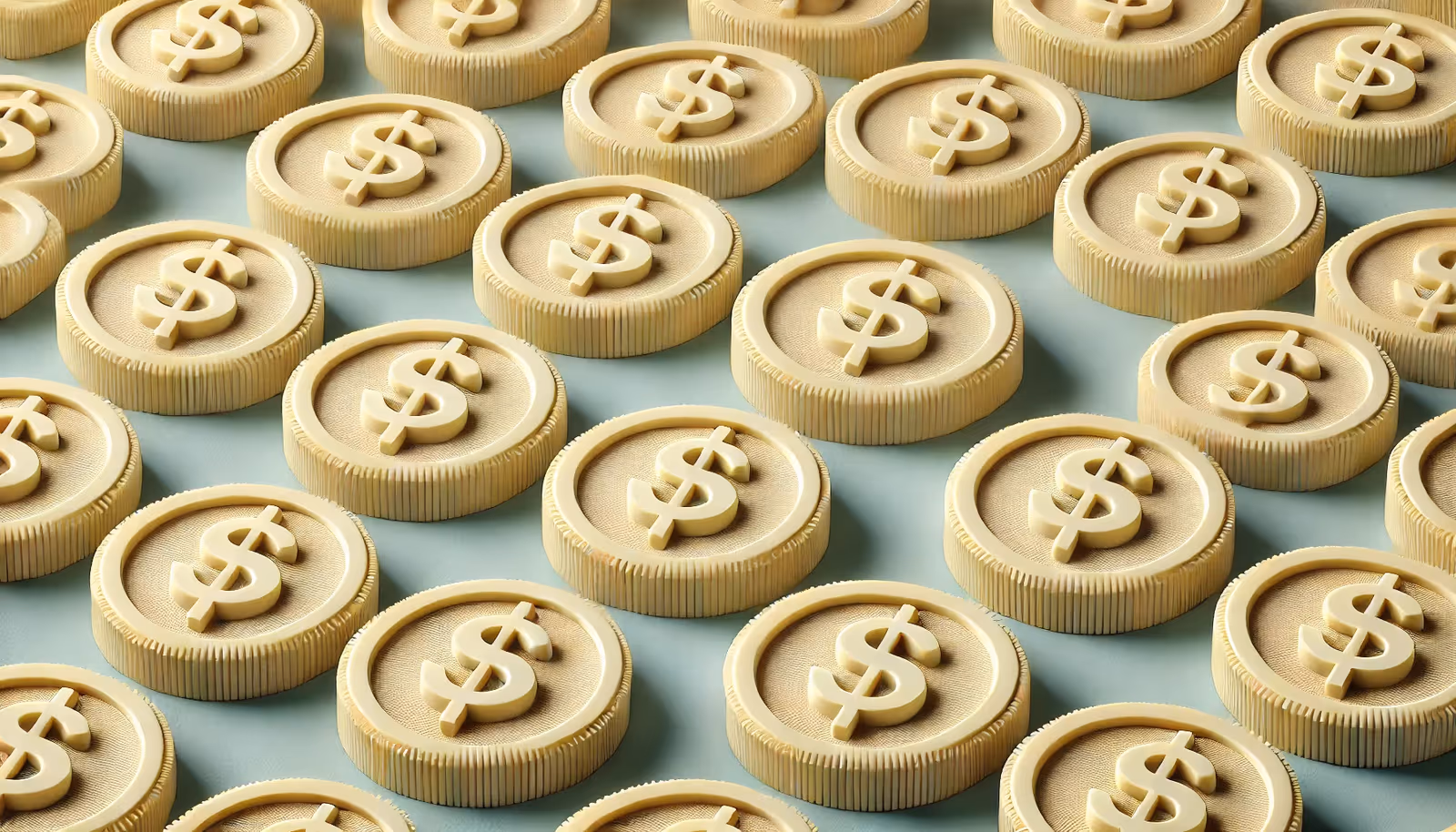 rows of gold coins each stamped with a dollar sign