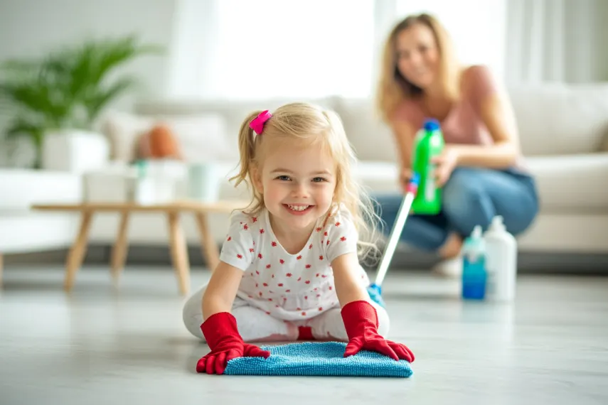 kid cleaning the floor