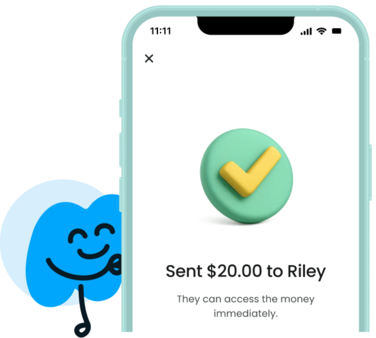 App — "Sent $20.00 to Riley" send-money screen